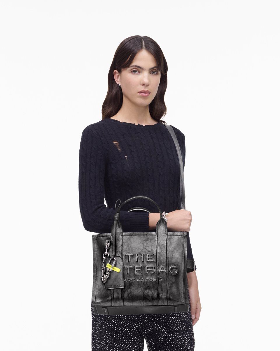 The Tote Bag Marc Jacobs The Metallic Distressed Medium Tote Bag γυναικεια σκούρο γκρι | 803542WMO