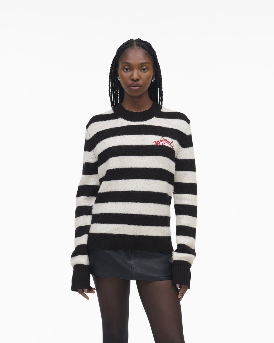 Αριστος Marc Jacobs The Striped Brushed Logo Sweater γυναικεια μαυρα ασπρα | 549627OIF