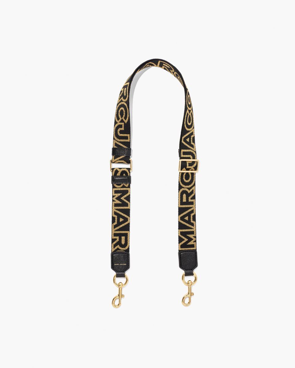 Λουράκι τσάντας Marc Jacobs The Thin Outline Logo Webbing Strap γυναικεια μαυρα χρυσο χρωμα | 582931OPR